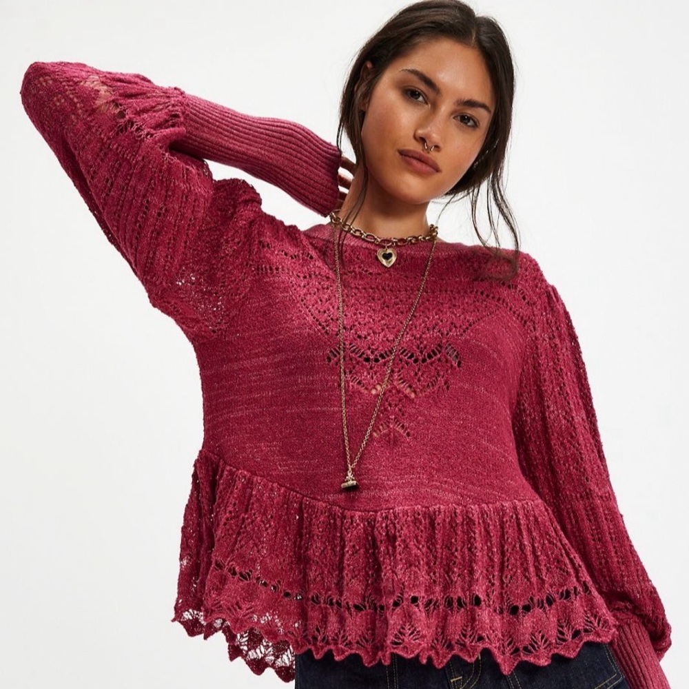 Free People Raspberry Crochet Scoop-Neck Sweater